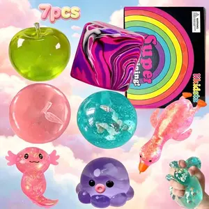 7-Piece Wet Soft Pressure Balls Set, Cute Glitter Squeeze Toy Kit, Squishy Stress Relief Gel Toys for Anxiety, Adhd, Party Gifts, Classroom Rewards