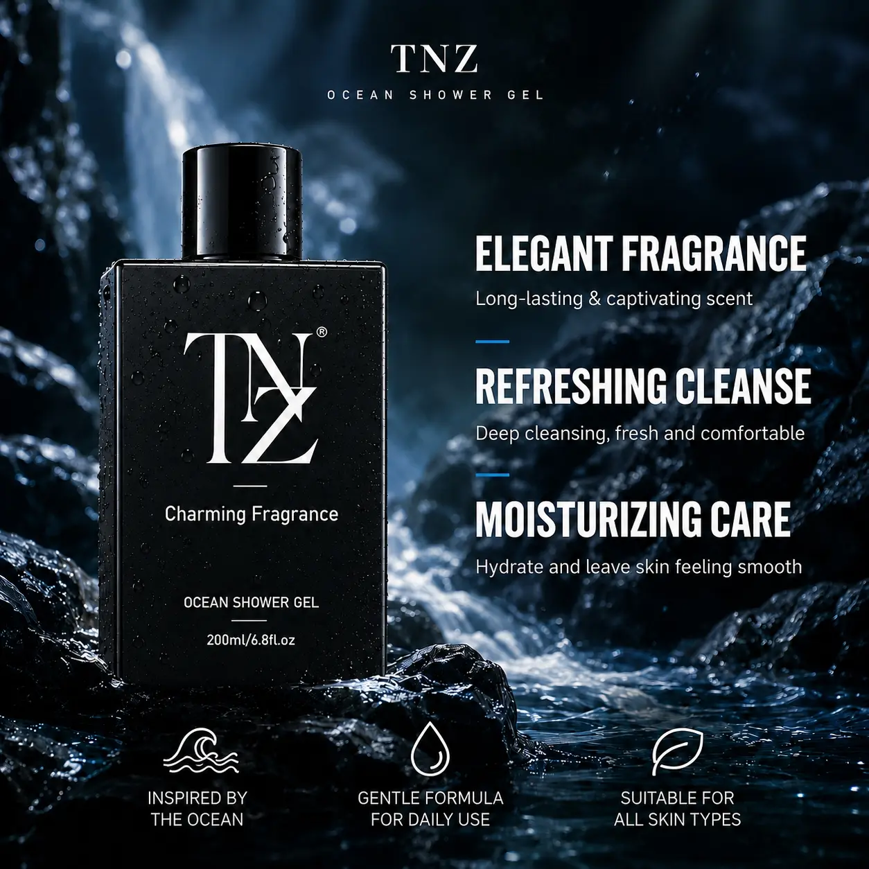 TNZ Men’s Body Wash - 200ml Body Care Product with 24H Ocean Fresh Scent, Amino Acid Deep Cleansing, Hydrating, Oil Control, Acne-Fighting Shower Gel, Youth-Focused, Fresh Skin Feel Back to School Essential
