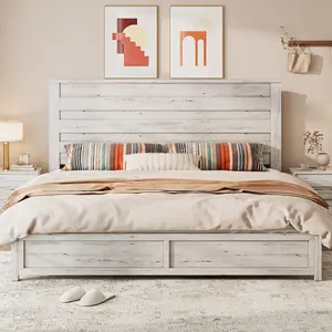 VanAcc 49" Tall & Full-Panel Headboard, Farmhouse Platform Bed with Wood Slats & Metal Bed Frame, No Box Spring Needed/Noise Free