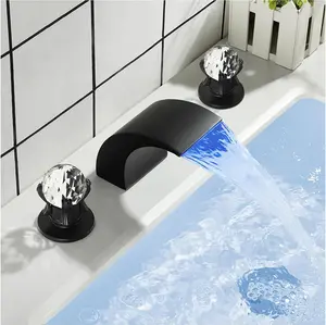 8 Inch Led Waterfall Widespread Bathroom Sink Faucet 2 Crystal Handles 3 Holes Lavatory Faucets Basin Mixer Tap