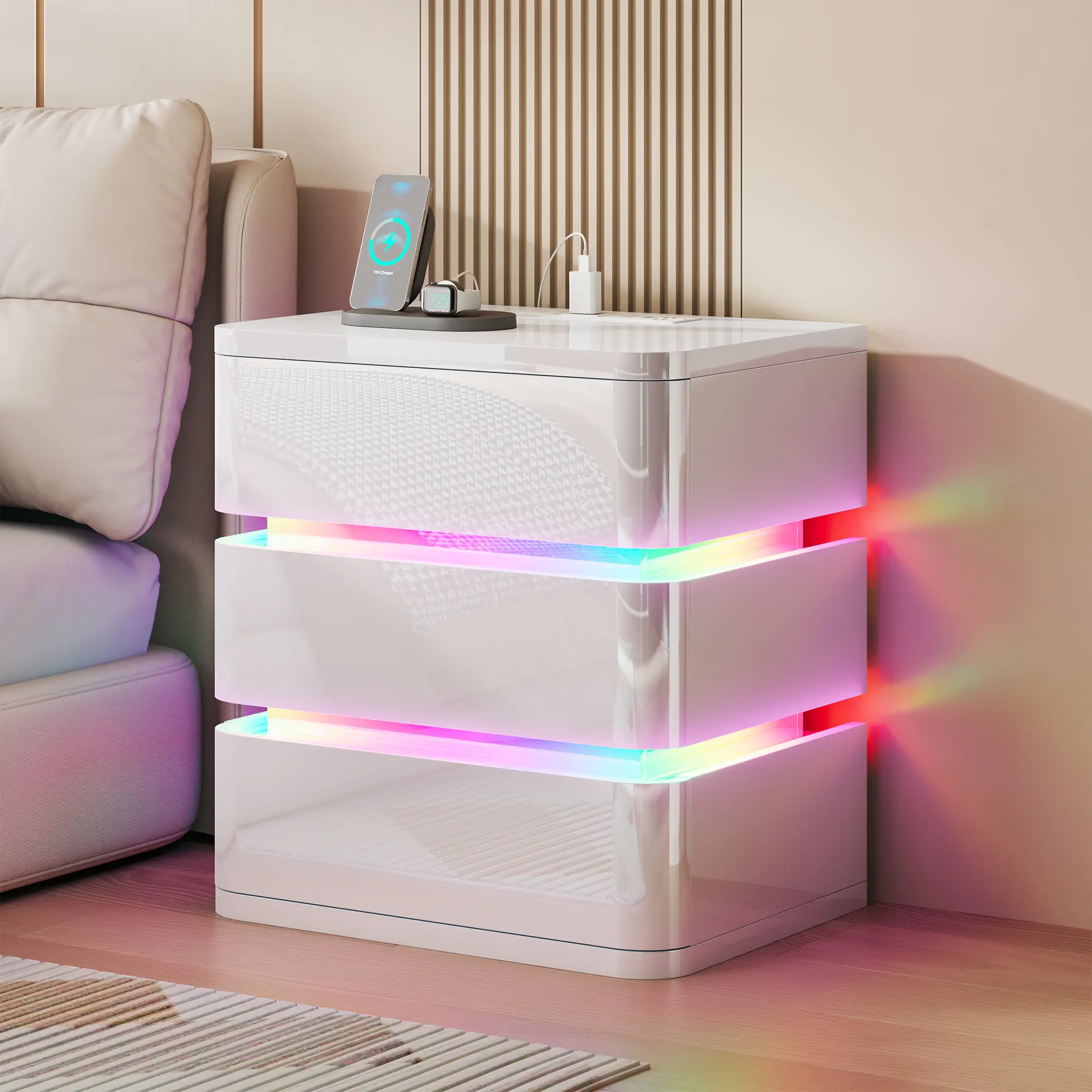 Dystler Elegant High-Gloss Panel Modern Fully Assembled RGB Nightstand - Side Table with 3 Storage Drawers, 3-in-1 Smart Human Sensor Lighting, 2 AC Outlets, 1 Type-C Port Charging Station, 19.69in W x 15.75in D x 23.62in H Bedroom Indoor Furniture, Side
