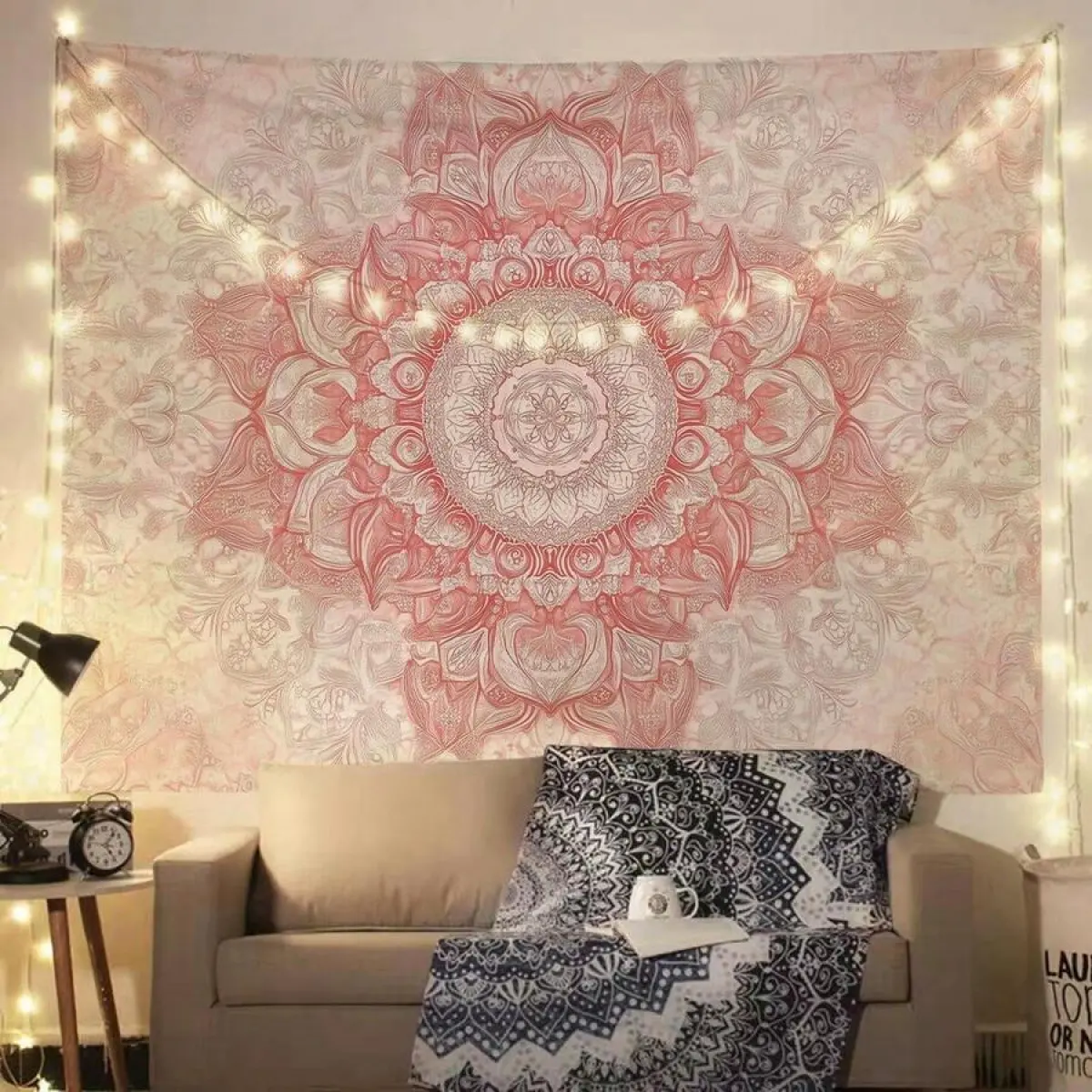 Boho Traditional Pink Mandala Tapestry Wall Hanging - Decorative, Lightweight Hand Wash Multi-Size Backdrop Photo Prop (200x150cm, 150x130cm, Etc.) for Bedroom, Bridal Shower Decor
