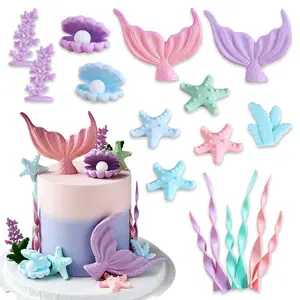 Mermaid Cake Decorations Set, 17 Pieces Mermaid Tail Cakes, Seashell Pearl Starfish Sea Grass, Ocean Party Supplies, 2 Color Options