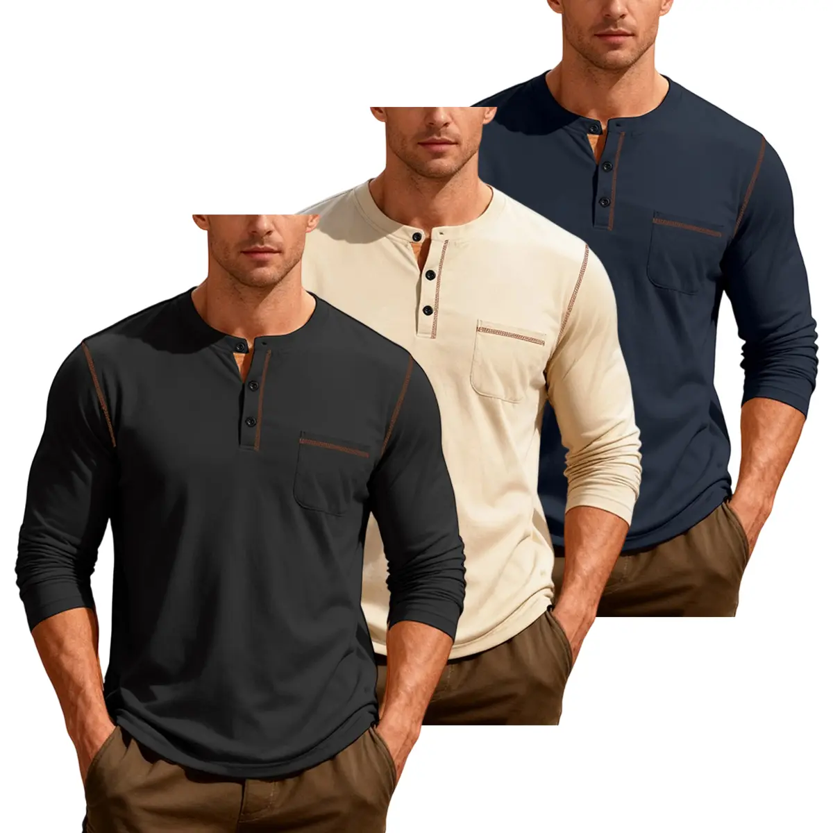 Men's Henley Shirt - Solid Color, Long Sleeve, Crew Neck, 3-Button Placket, Standard Sizes, All Seasons, Casual Menswear Top