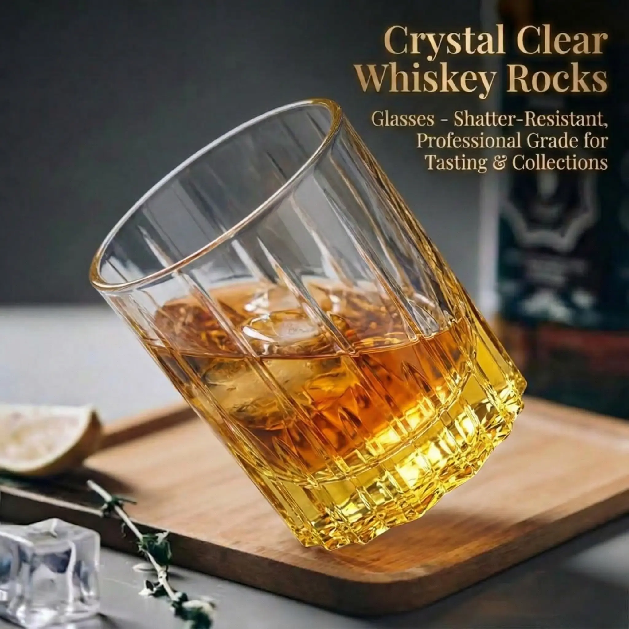 Gradient Gold Lead-Free Crystal Whiskey Glasses, Vertical Cut Embossed Rocks Tumbler 6.7oz Vintage Bourbon Scotch Glass, Premium Gift Box for Bar Home Decor Gift
