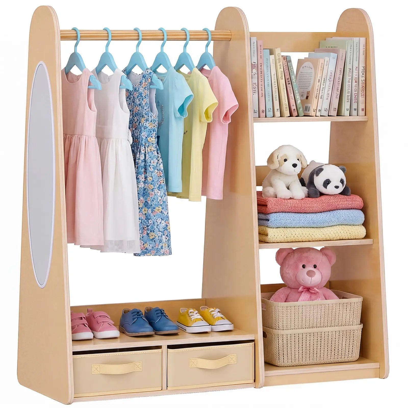 VEVOR Kids Height Natural Wood Kid Dresser - Sturdy, Stylish, Functional Children's Armoire with Mirror, Shelves, Bottom Tray, Organization & Closet Organization Solution for Toddler Girls' Bedroom, Father's Day Gift Option#BacktoSchool