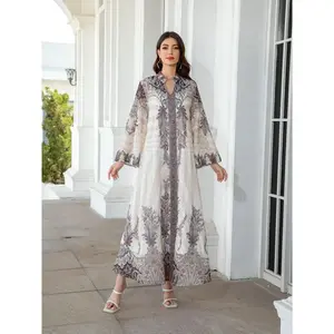 Women's Plants Print Long Sleeve Dress, Elegant Arabic Dress, Muslim Clothing for Women, Arab Wedding Attire