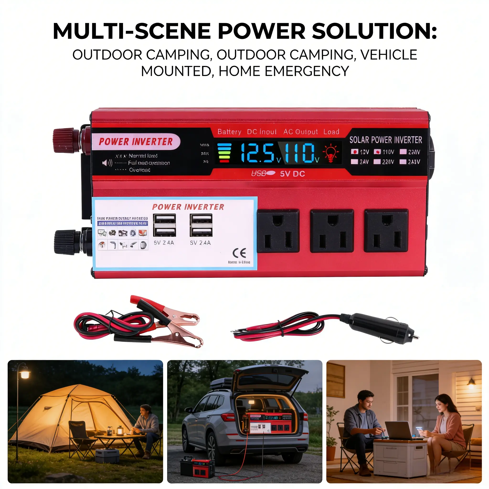 High-Capacity Peak 5000W Durable Pure Sine Wave Car Power Inverter - 12V/24V to 110V/220V, Silent Fan, Efficient Heat Dissipation, Overheat Protection, Easy Installation, 24/7 Customer Service, Ideal for Camping, Emergency Power Backup, RV Enthusiasts