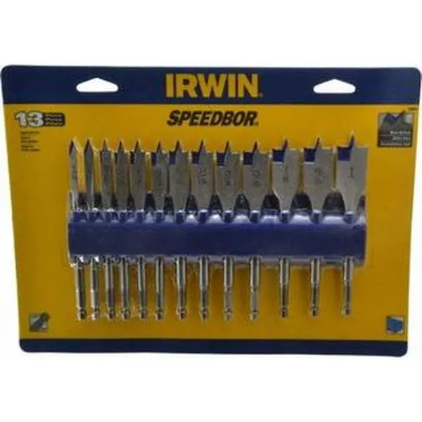 IRWIN 13-Piece High Carbon Steel Spade Drill Bit Set, 1/4-in to 1-in Size Range, Bright Finish, Standard Point, Hex Shank, 6-in OAL, Model 88887 for Drilling Tasks
