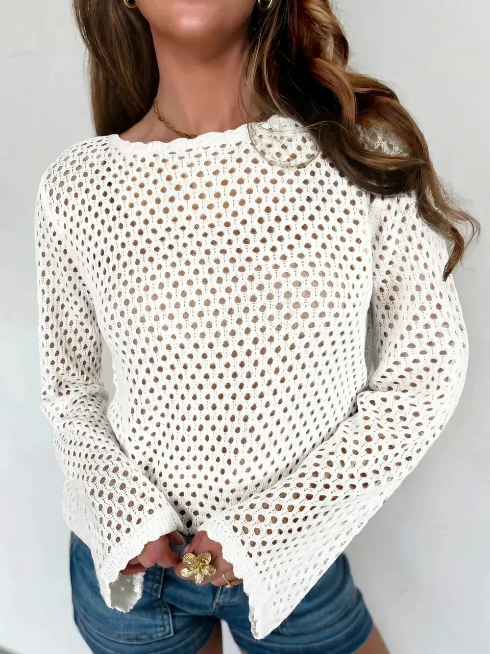 Women's White Open Knit Long Bell Sleeve Top, Boho Crochet Pointelle Sweater Top with Flared Sleeves