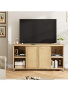 63'' Large Farmhouse MDF Wood TV Cabinet - Easy-Assembly Entertainment Center with Rattan Accents, Glass Doors, Storage Shelves, Raised Base, Wooden Media Console for Living Room, Bedroom (Nature Oak)