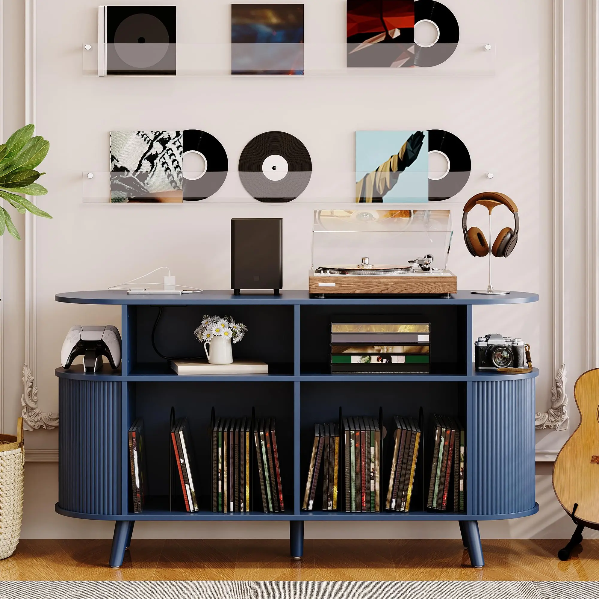 55'' Fluted Mid Century Modern Turntable Cabinet with Vinyl Storage, Large Round Record Player Stand with Charging Station and Display Shelf, Arched Wood Record Player Table for Living Room,Blue