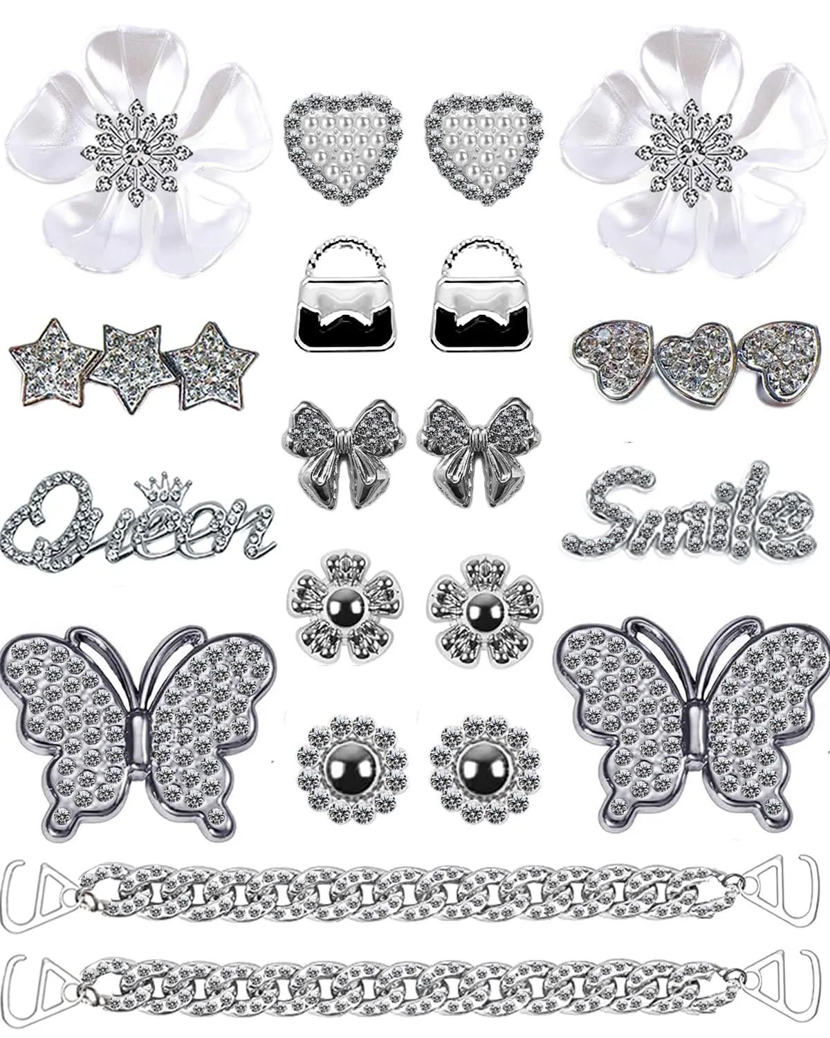Women & Girls' 20-Piece Bling Rhinestone Shoe Charms Set, Carefully Selected Sparkly Charm Decorations with Chains, Butterfly&Flower, Letters, Highly Resistant to Falling Off Lightweight Footwear Accessories