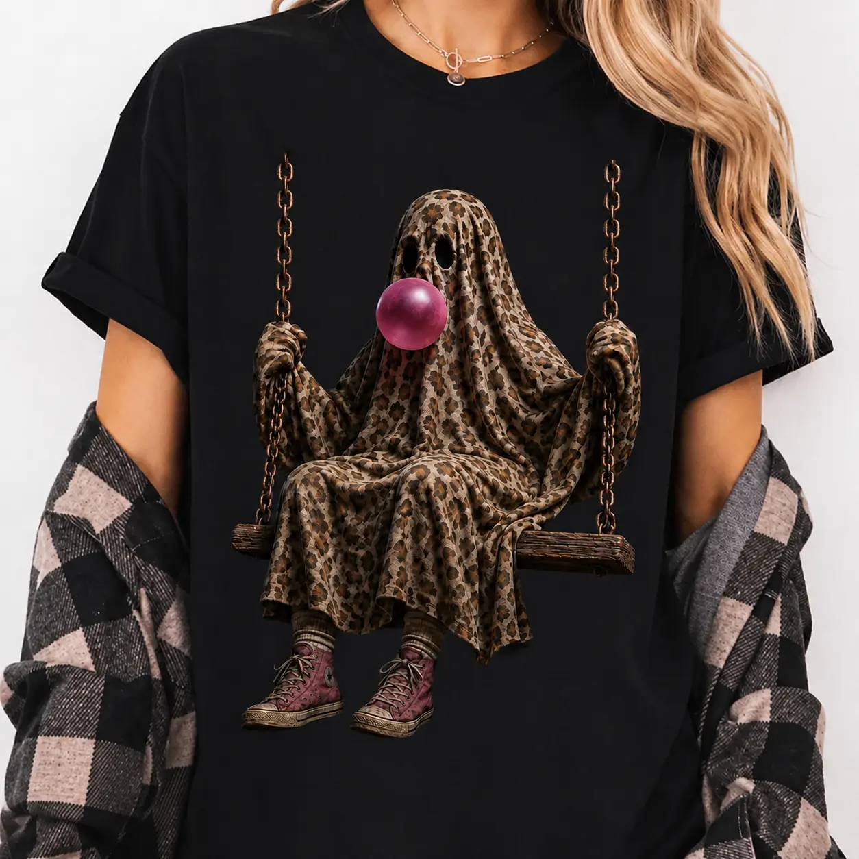 Funny Leopard Ghost Swing Tee, Bubble Gum Ghost Halloween Shirt, Spooky Season Unisex Sweatshirt, Cute Halloween Gift