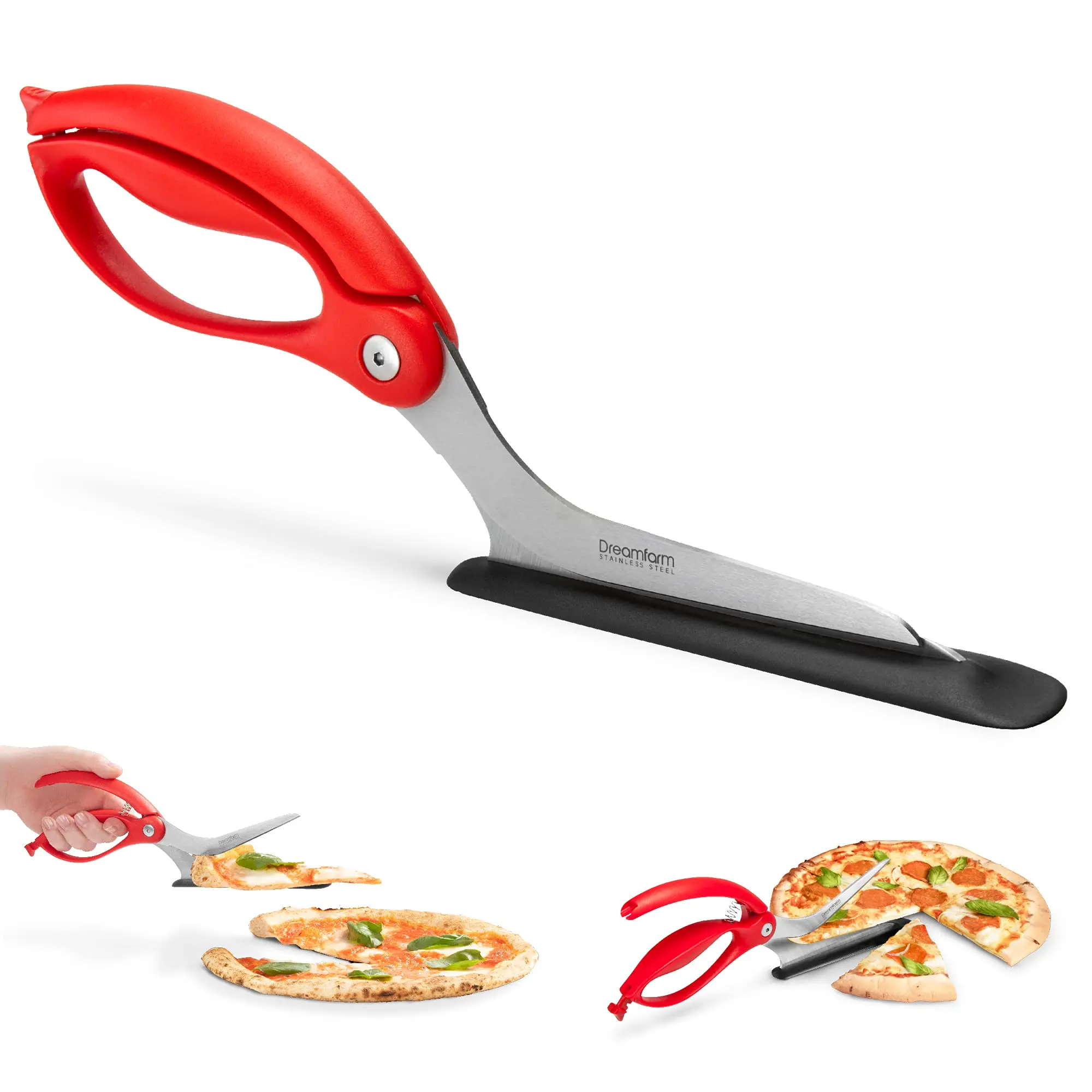 Dreamfarm Scizza 2-In-1 Easy Ergonomic Pizza Scissors with Stainless Steel Blades & Non-Stick Slice Server - Red Kitchen Cooking Accessories