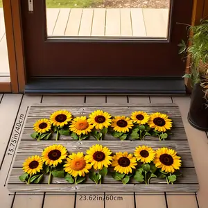 Rustic Sunflower Doormat, Non-Slip Absorbent Washable Floor Mat, Farmhouse Wood Grain & Sunflower Print, Perfect for Entryway, Kitchen, Living Room & Country Home Decor