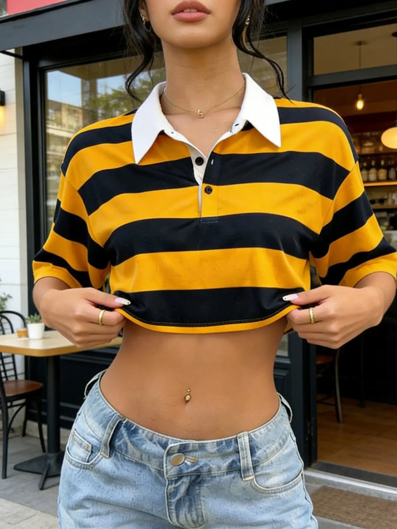 Vintage Colorblock Striped Loose Fit Short Cropped Polo Shirt, High Waist Slimming Half Sleeve Turn-Down Collar Top, American Street Style