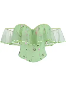 Light Green Sheer Mesh Floral Embroidery Off Shoulder Corset Top, Ruffle Strapless Bustier, Fairycore Cottagecore Outfit for Party Festival Date Night Underwear