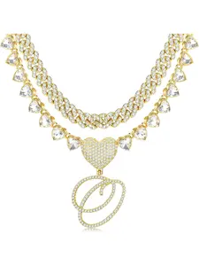 1 Pc Cursive Gold Initial Pendant Necklaces Alphabet Pendant Choker Necklace Miami Cuban Link Chain Necklace for Women Heart Iced Out Bling Letter Chain with Pendant Hip Hop Jewelry Gift O
