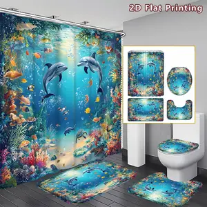 4PCS Dolphin Underwater Shower Curtain set, Vivid Marine Life Bathroom Decor, Accessories with Bath Mat, U-shaped Mat, Toilet Lid Cover, 12 Hooks 180x180cm Curtain, Ocean Enthusiast, Home Decor, bathroom accessories