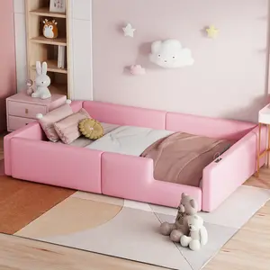 Modern Twin Size Floor Bed with Guardrail Safety, PU Leather Upholstery, Charging Station, Wood Slats Support Daybed Frame for Bedroom, Children's Room (Pink, Twin)