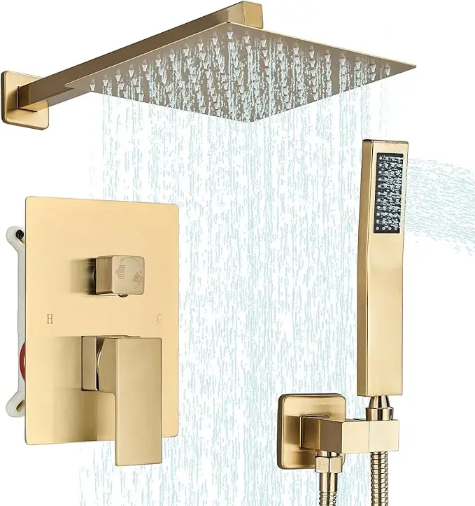 Brushed Gold Wall-Mounted Shower System, High-Pressure Square Rain Shower Heads & Handheld Spray with Mixing Valve, Trim & Filtered Options – 8/12/16 In Sizes Available, Filtered Shower Heads