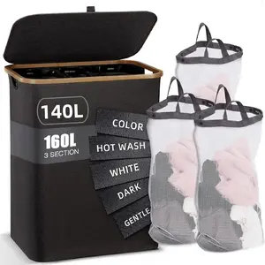 3-Section 160L Laundry Hamper with Lid & Sturdy Handle - Easy Carry Organizer for Bedroom Laundry Room