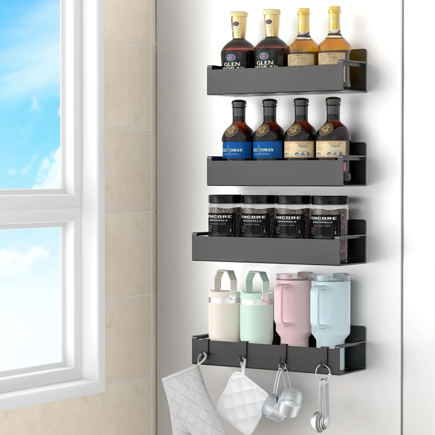 4-Pack Magnet-Based Black Straight-Bar Spice Racks for Refrigerator, Adjustable Moveable Home Organizer with Hooks, Strong Display Storage Solution for Fridge, Oven, Display Storage Rack, Home Decor Organiser