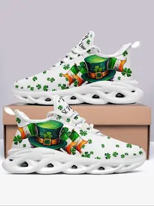 Women's Irish Flag Design Lucky Four-leaf Clover Print Lace Up Sneakers, Sporty Running Shoes, Athletic Running Shoes, Casual Comfortable Breathable Sports Running Shoes, Female All-match Round Toe Shoes for Daily Wear