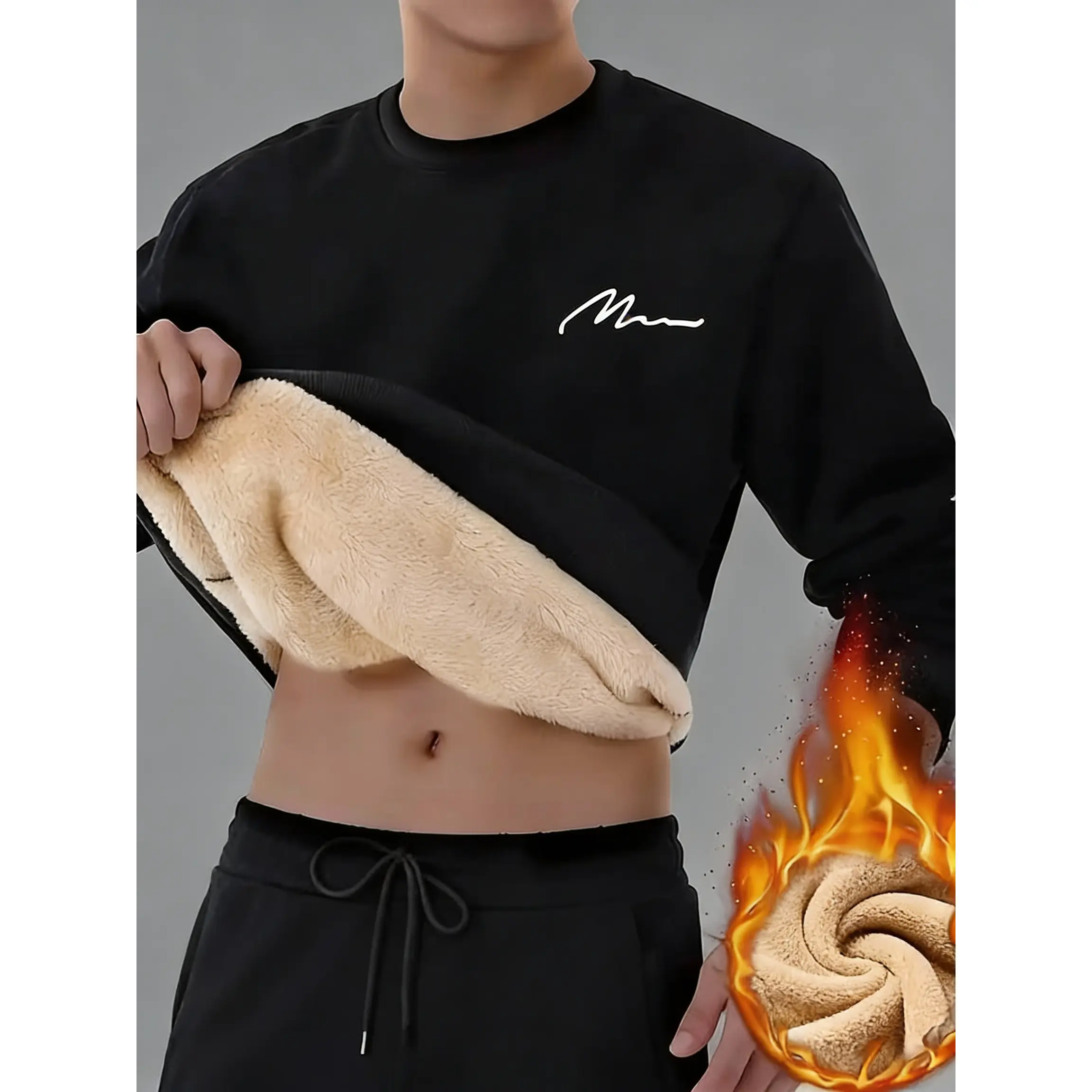 Men's Cozy Fleece-Lined Casual Sportswear Set, Solid Crew Neck Pullover and Jogger Pants 2-Piece Outfit