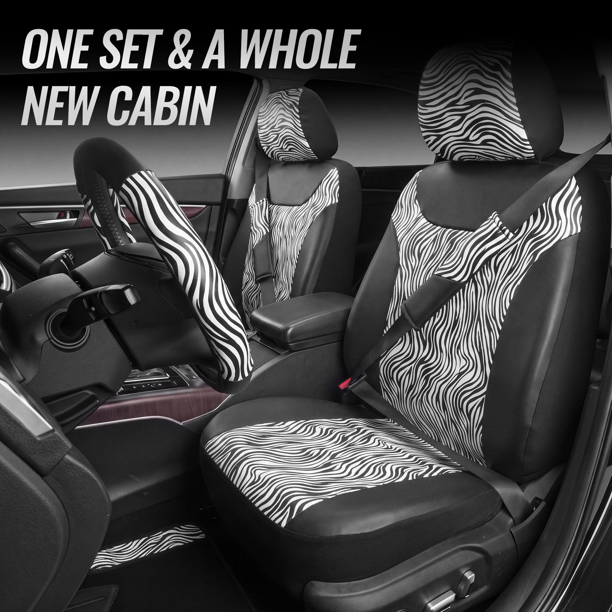 Zebra Print Car Seat Covers Full Set, 11PCS Car Interior Accessories Kit with Steering Wheel Cover, Floor Mats, Seat Belt Pads & Cup Coasters, Universal Fit for Cars SUVs Trucks