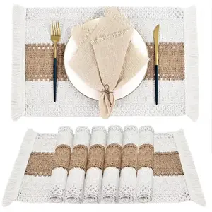 6pcs Bohemian Style Placemats, Crochet Cream And Brown Table Decor Mats, Farmhouse Rustic Burlap Placemats with Tassels, Table Decor Mats, Coffee Table Mats, Home Bowl Dish Mats, Home Decoration, Party Decoration