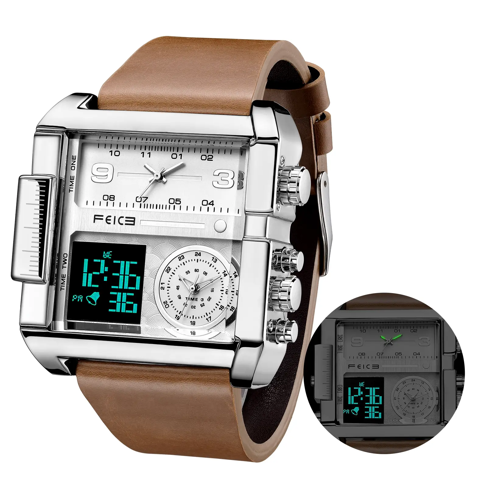 FEICE/Luxurious and stylish square dial leather strap multifunctional sports watch, men's retro full matching springtok watch Digital Display