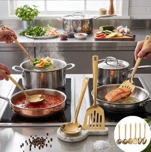 6Pcs Gold Stainless Steel Serving Utensil Set - Elegant Buffet Server Kit, Hostess Spoons, Slotted Spatula & Soup Ladle for Party, Catering, Home Kitchen