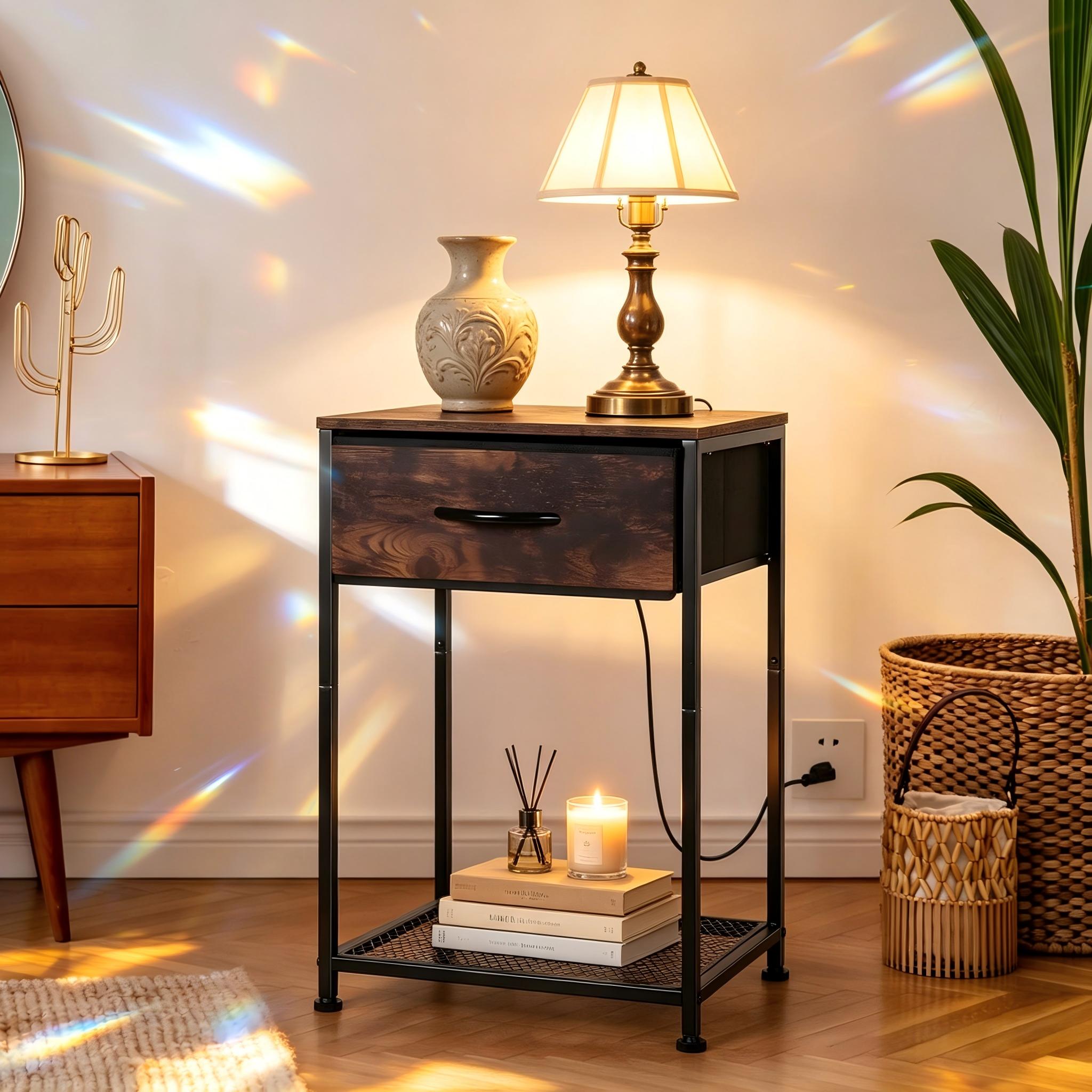 2-Piece Farmhouse Industrial Rustic Brown Bedroom End Tables with Charging Station, Fabric Drawers, 3-Tier Storage Table - Stable on Space-Saving Home Organizer for Bedroom, Apartment Decor