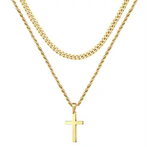 Unisex Gold-Plated Titanium Steel Cross Pendant Necklace| Double-Layered Cuban + Rope Chain| Hip-Hop Personalized Jewelry