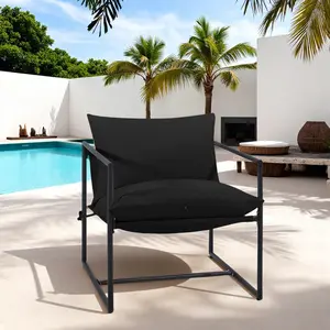 Modern Sling Black Accent Chair with Plush Cushioned Seat, Indoor or Outdoor, Rustproof Steel Frame with Washable Cushions, Living Room, Patio, Porch