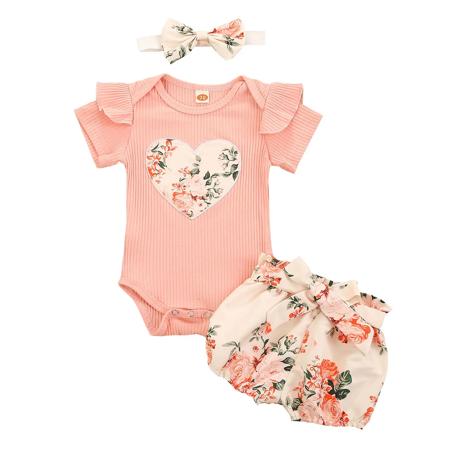 Baby Girl Summer Clothes Set, Ruffle Short Sleeve Rib Knit Romper + Floral Shorts + Headband Set