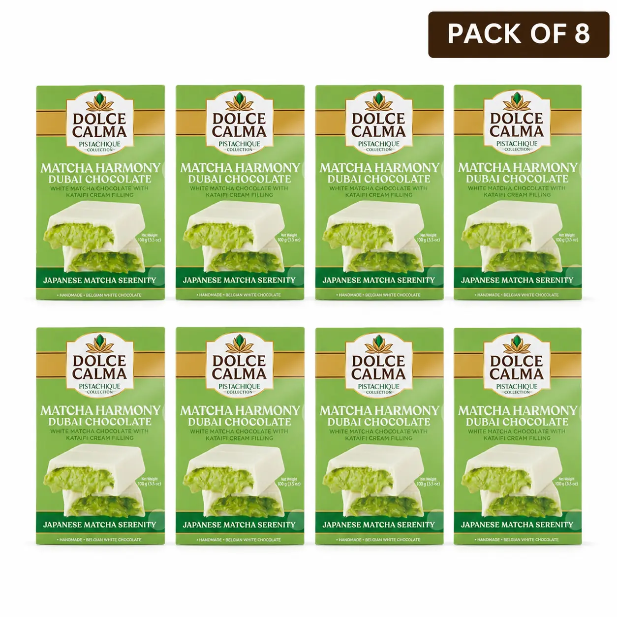 Dolce Calma Matcha Dubai Chocolate Bar Ship With Two Ice Gel Packs (100g / 3.5oz) – Authentic Handmade Belgian Chocolate with Turkish Pistachio & Crispy Kataifi, Kunafa Filling, No Palm Oil, Pack of 8