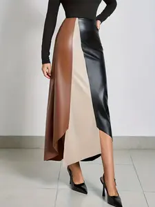 A fashionable color blocked irregular Flared leather skirt for women, suitable for commuting, shopping, and outdoor wear Clothes