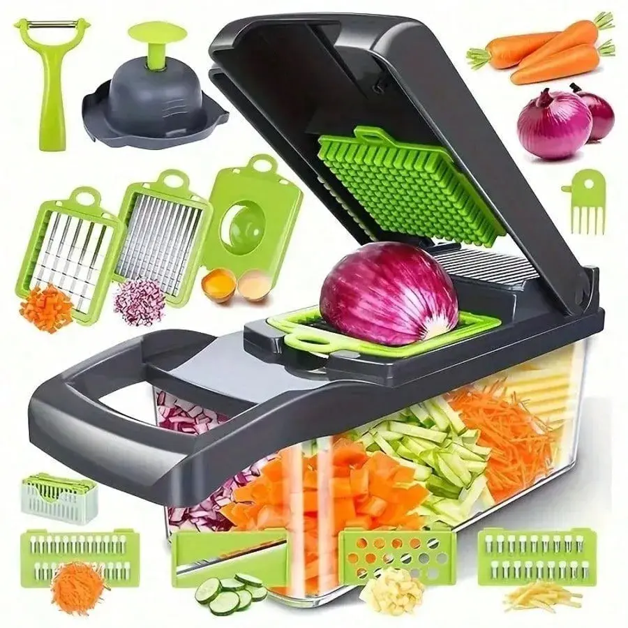 16-in-1 Vegetable Chopper with Container  Multi-Function Food Chopper Vegetable Slicer Onion Dicer & Grater with 8 Stainless Steel Blades Drain Basket & Peeler for Kitchen Meal Prep