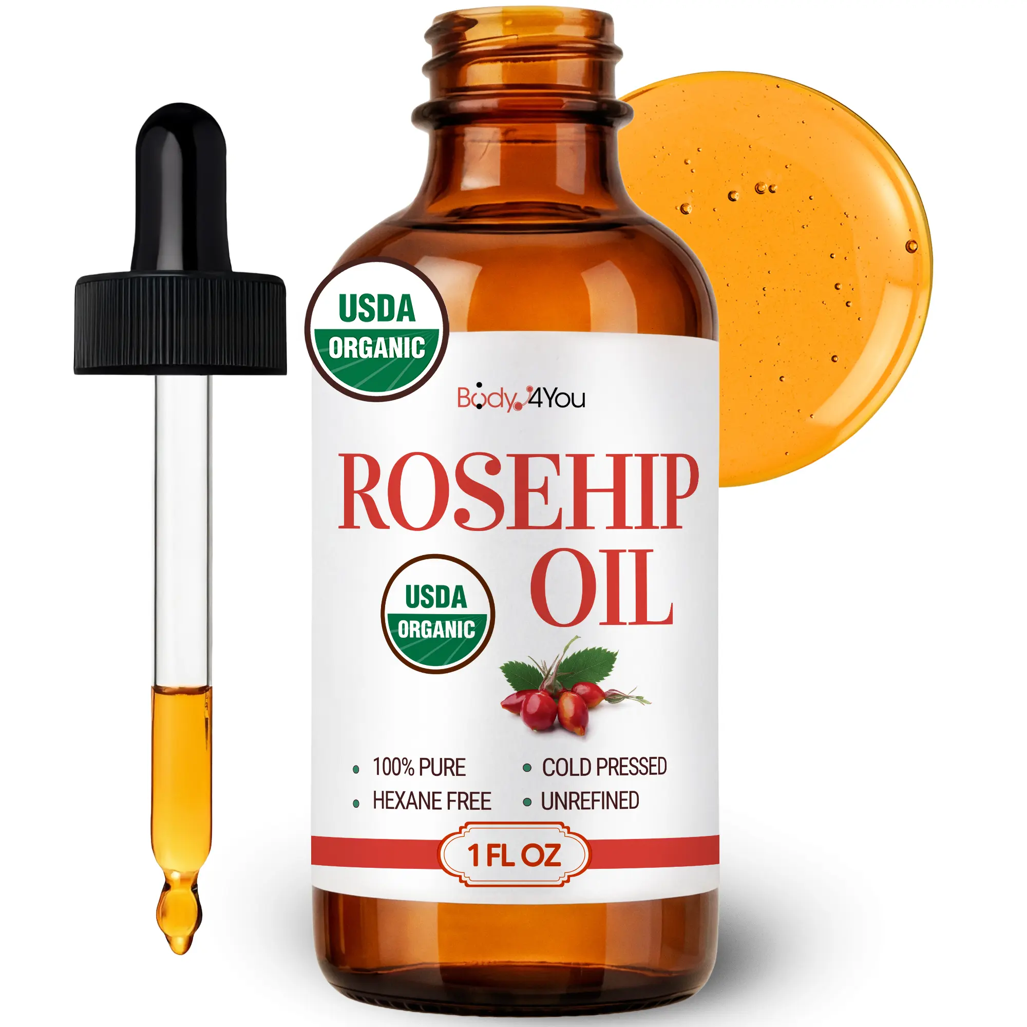 Rosehip Oil for Face - 100% Pure Natural USDA Organic Cold Pressed - Hydrating Skin Hair Nails Anti-Aging Wrinkle Scar Treatment Gua Sha - Non-GMO Undiluted Carrier - Glass Bottle