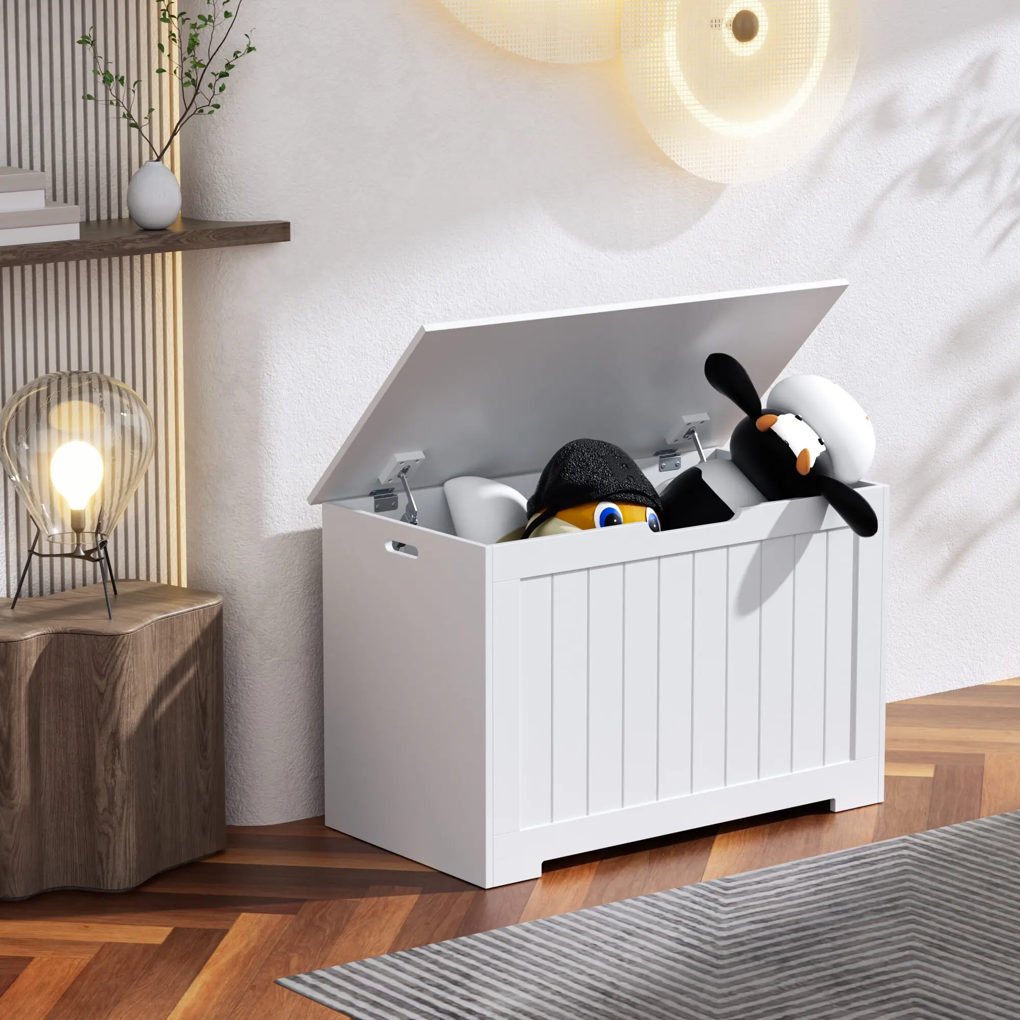 ZENY 30'' Wood Toy Box - 150L Large Multifunctional MDF Storage Chest Organizer with Safety Hinged Lid, Elegant Smooth White for Home Rooms, Bedroom Storage Organizer, Multifunctional Storage Bin