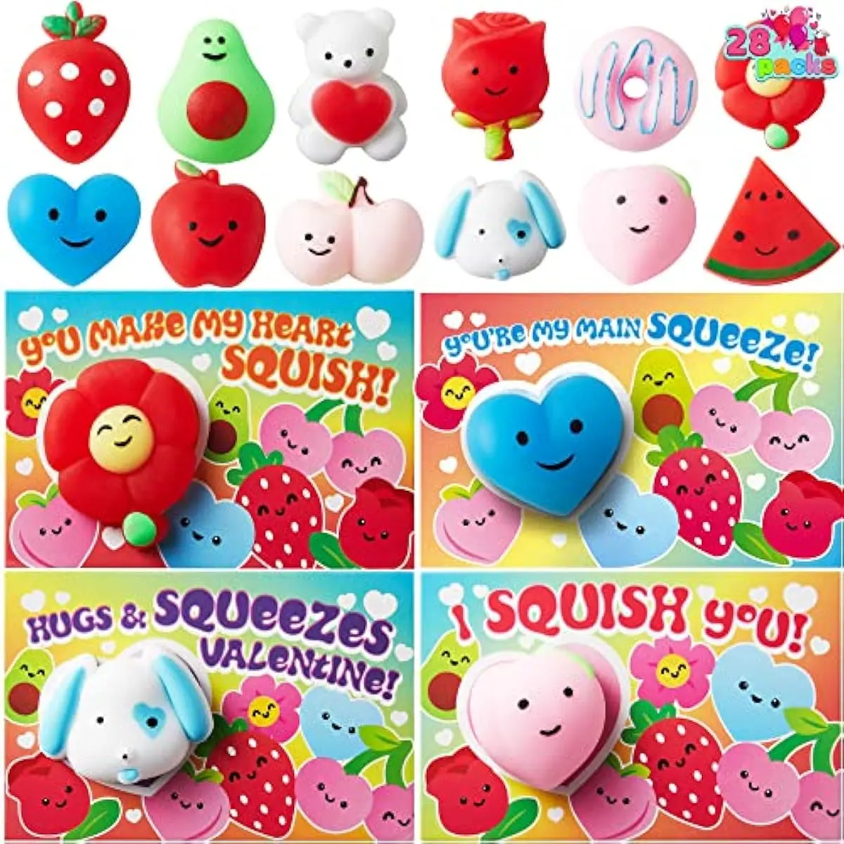 28 Packs Valentines Day Gift Cards with Mochi Squishy Toys, Kawaii Mochi Squishy Toy to Squeeze Stress Relief Fidget Toy for Kids Valentine Party Favor Classroom Exchange Prizes