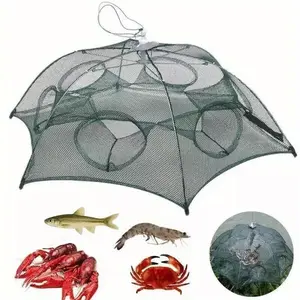 1-Pack Foldable Fishing Bait Trap Crab Net with 6-Hole Design, Heavy-Duty Nylon & Steel Frame, Zipper Release for Smelt, Eel, Crab, Lobster, Minnow, Shrimp - Green, Crab Trap, Durable Nylon Net, Minnow Cage, Sturdy Build, Outdoor Adventurers