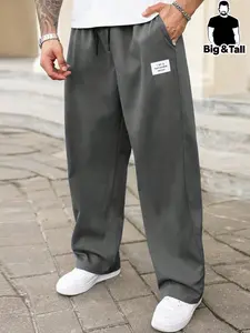 【Plus Size】 Solid Label Patched Drawstring Waist Pants, Casual Comfy Pocket Trousers for Daily Wear, Men's Bottoms for All Seasons