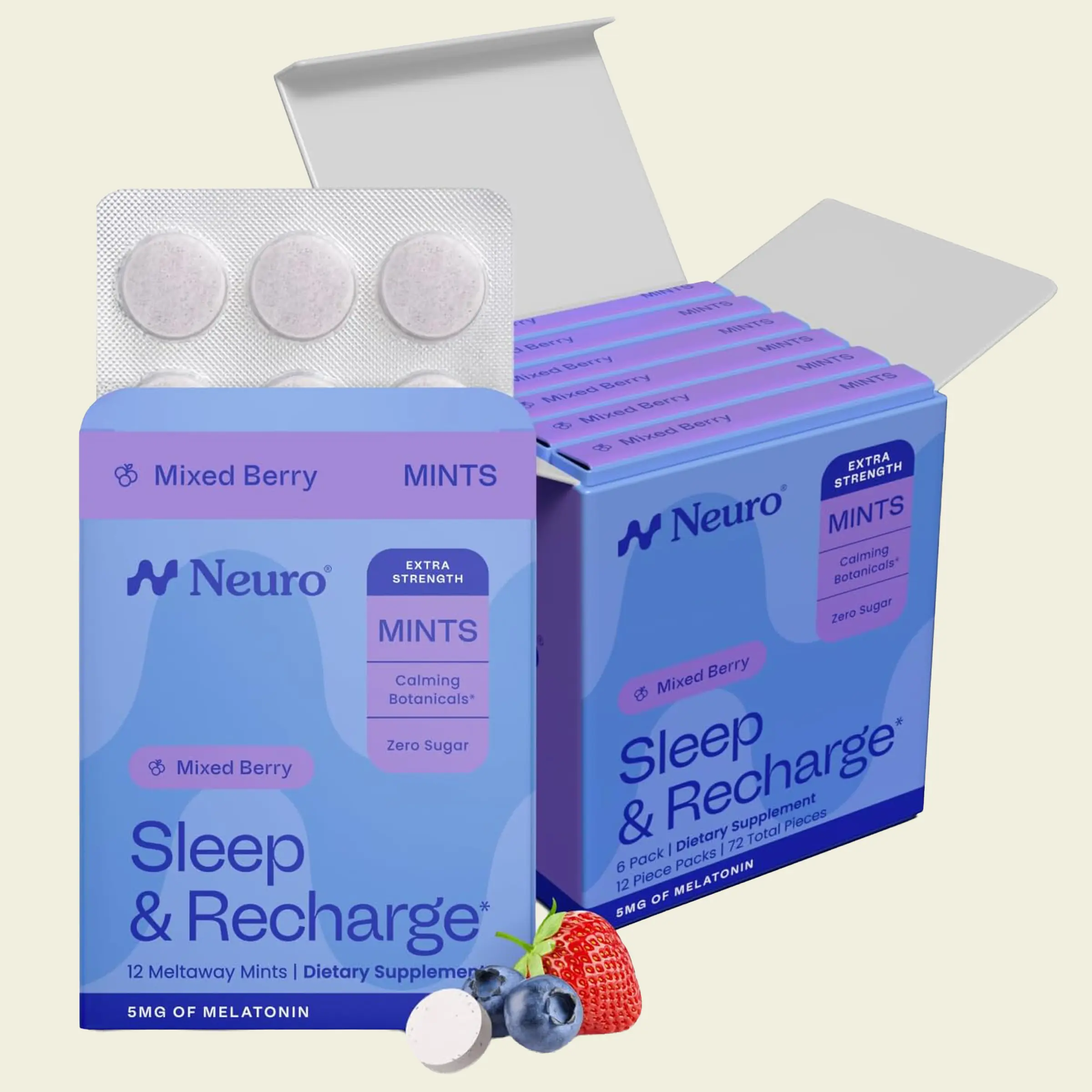 Neuro Melatonin Mints for Better Sleep (72 Pieces) - Fast Dissolve Sugar Free Sleep & Recharge Mints with Lemon Balm & Chamomile
