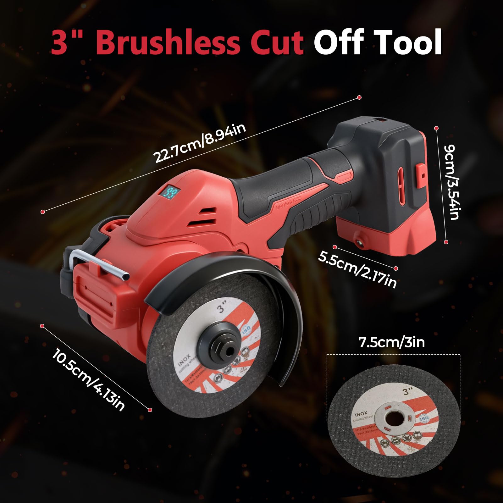 3" Cordless Cut Off Tool Brushless, Compact Angle Grinder with 5 Blades, LED Light, Dust Cover for  Wood Tile Plastic