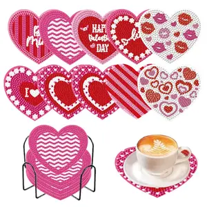 DIY Diamond Arts Colorful Painting Coaster Kit, 10pcs/set Heart Pattern Coaster with Holder, DIY Decorative Craft for Home Office Desk, Diamond Painting Kits