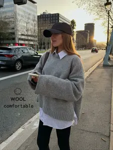 Women's Autumn and Winter Dark Grey Crew Neck Long Sleeve Knitted Sweater, Side Slit Straight Sleeve Design Sweater Top, Daily Commuter Versatile Knitted Pullover